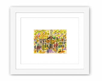 Princeton Campus Nassau Hall - Print and Framed - Watercolor Illustration Painting New Jersey