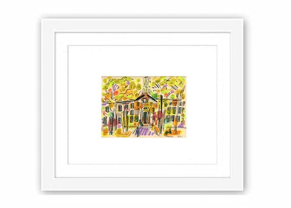 Princeton Campus Nassau Hall - Print and Framed - Watercolor Illustration Painting New Jersey
