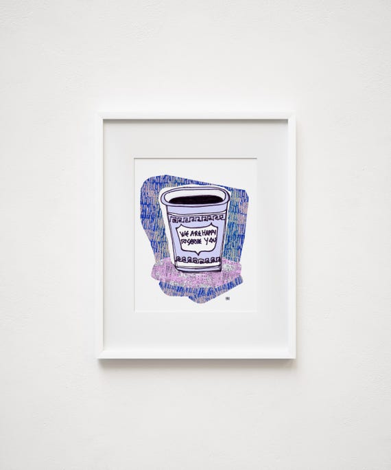 NYC Coffee Cup Art - Print & Framed - Whimsical New York City Vintage Coffee Cup
