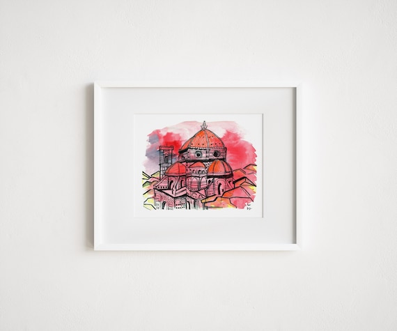 Duomo in Florence Italy - Print and Framed - Urban Sketching Watercolor and Ink Illustration Italy Travel