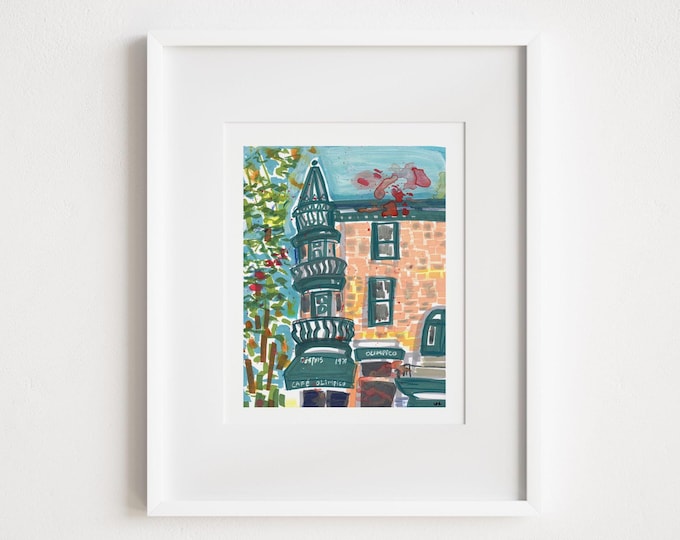 Cafe Olimpico in Montreal  - Printed and Framed - Travel Illustration Classic Storefront Italian Espresso Canada