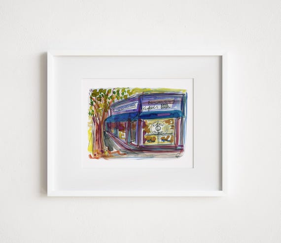 Kupels in Brookline MA Watercolor - Print and Framed - Painting Illustration New England City Boston Urban Sketch