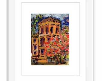 Print Watercolor and Gouache Park Slope Limestone Cherry Blossoms - Urban Painting Brooklyn New York City Row Houses Brownstones