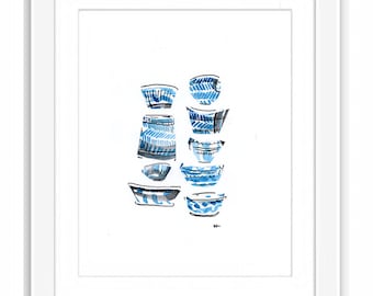 Stacked Blue China Bowls  - Print and Framed - Kitchen Art Illustration
