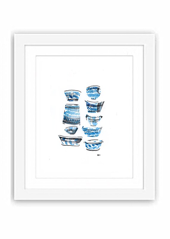 Stacked Blue China Bowls  - Print and Framed - Kitchen Art Illustration