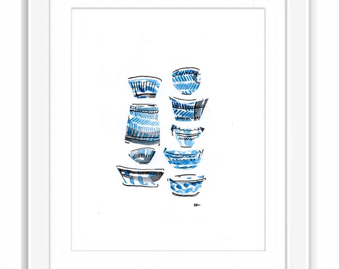 Stacked Blue China Bowls  - Print and Framed - Kitchen Art Illustration