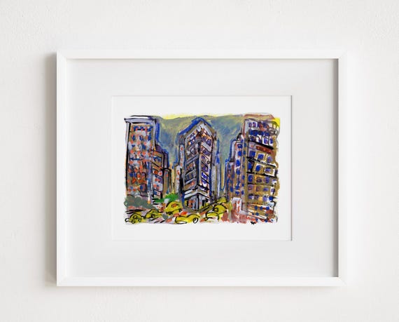 Flatiron New York City Taxis - Print and Frame Watercolor and Gouache Painting, NYC Illustration