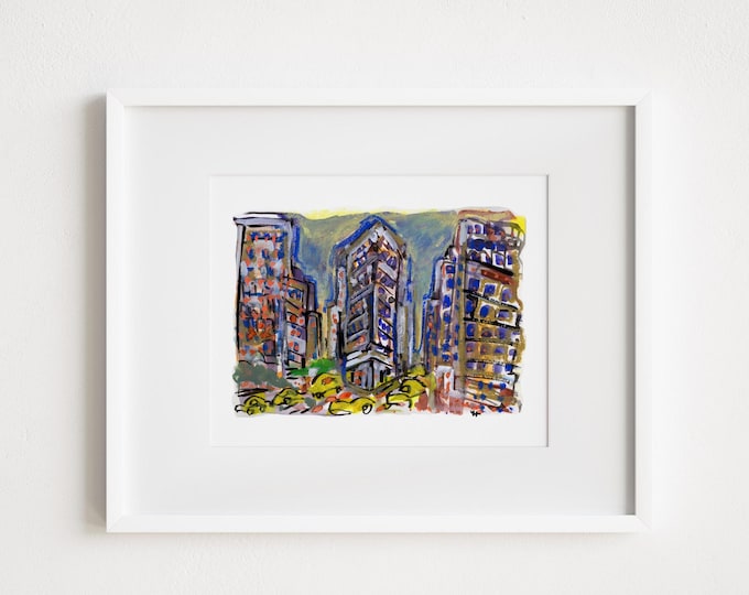 Flatiron New York City Taxis - Print and Frame Watercolor and Gouache Painting, NYC Illustration