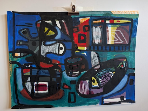 Original Acrylic Painting on Paper: Abstract Art, "Monstera & Fish Plate" (16 x 20)