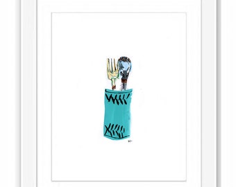 Print Kitchen Tools in a Blue Jar   - Kitchen Art Illustration