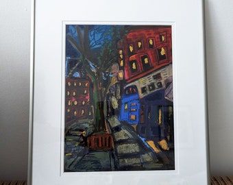 Framed Original Pastel Work - Looking at the George Washington Bridge - Oil Pastel and Acrylic on Toned Paper Urban Sketch New York City