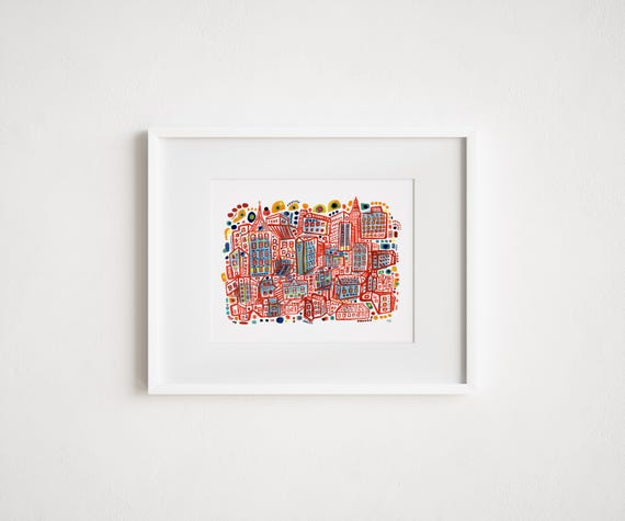 Print The Vibrating City - Print and Framed - Illustrative Abstract Cityscape in Watercolor and Mixed Media