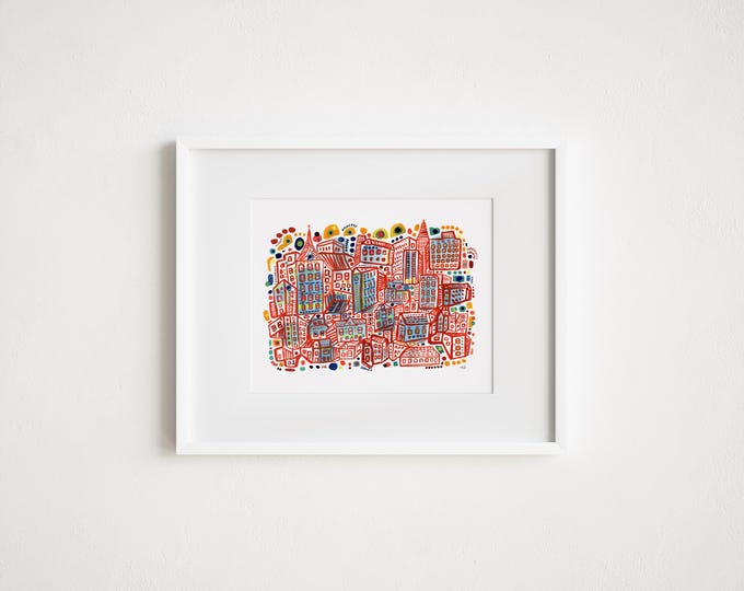 Abstract Cityscape Print: "The Vibrating City" Watercolor Art