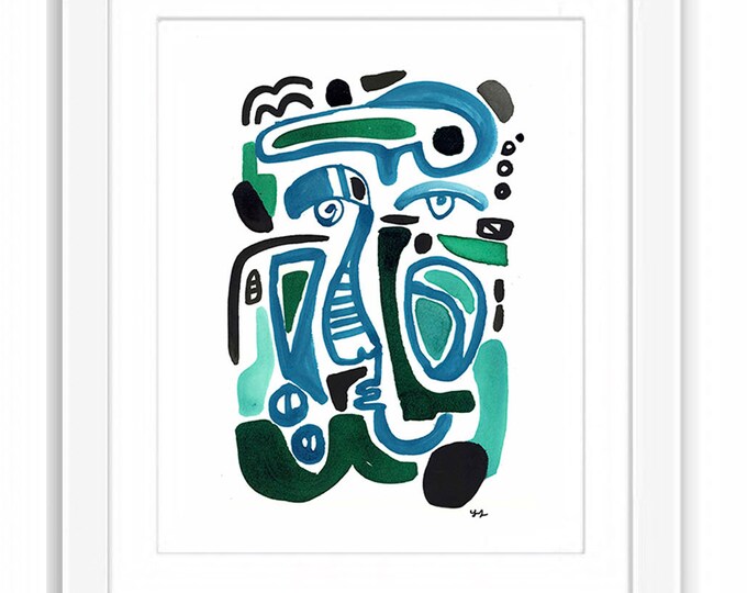 Abstract Figurative Print: Blue and Green Ink Self Portrait