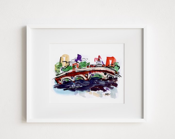 Print Harvard Square Weeks Footbridge -  Print and Framed - Cambridge Mass New England Urban Watercolor