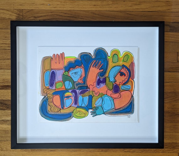 Framed Original Abstract Mixed Media Painting -  The Reunion of the Three - Original Art Abstract Printmaking
