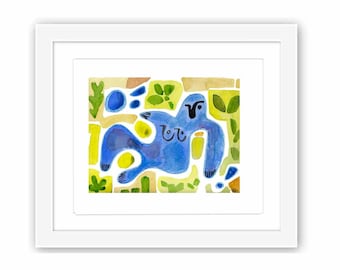 Blue Goddess Mid-Century Inspired Folk Art Watercolor Collage - Print and Framed - Retro Minimal Zen Illustration Matisse Inspired