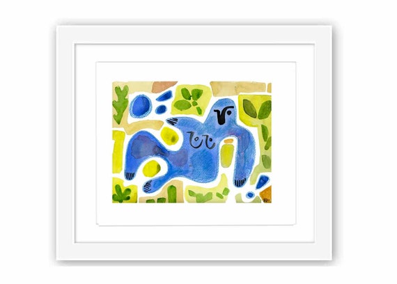 Blue Goddess Mid-Century Inspired Folk Art Watercolor Collage - Print and Framed - Retro Minimal Zen Illustration Matisse Inspired