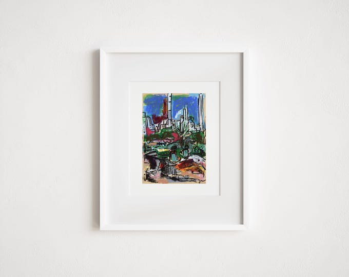 Central Park South Print: Watercolor Collage, New York City (Framed)