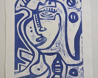 Original Woodcut - The Generated Selfie in Blue 1/2  - Printmaking Abstract Face Paper Original Art on Paper