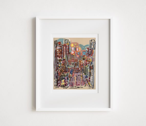 Soho Looking at the Chrysler Building - Print and Framed - New York City Painting Mix Media Watercolor and Oil Pastel