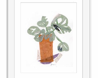 Paper Collage Art Monstera Plant - Print and Framed- Retro Minimal Zen Illustration Painting