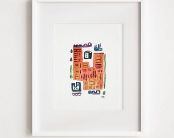 Abstract City Print: Mid-Century Modern Town Painting, Framed Art