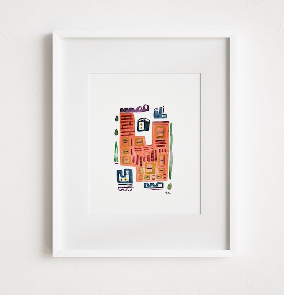 Abstract City Print: Mid-Century Modern Town Painting, Framed Art