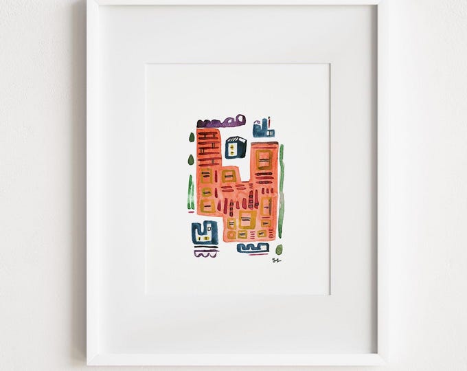 Abstract City Print: Mid-Century Modern Town Painting, Framed Art