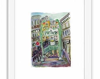 Print and Framed - Print Paris Metro Station Illustration - Watercolor Urban Painting France Ink Painting