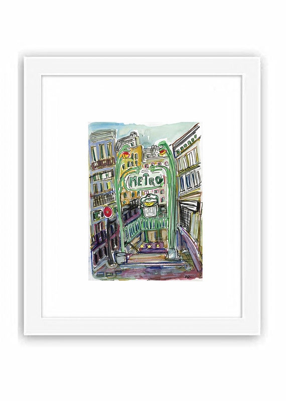 Print and Framed - Print Paris Metro Station Illustration - Watercolor Urban Painting France Ink Painting