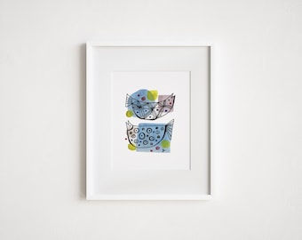 Mid-Century Inspired Folk Art Smiling Fish - Retro Minimal Zen Illustration - Print and Framed