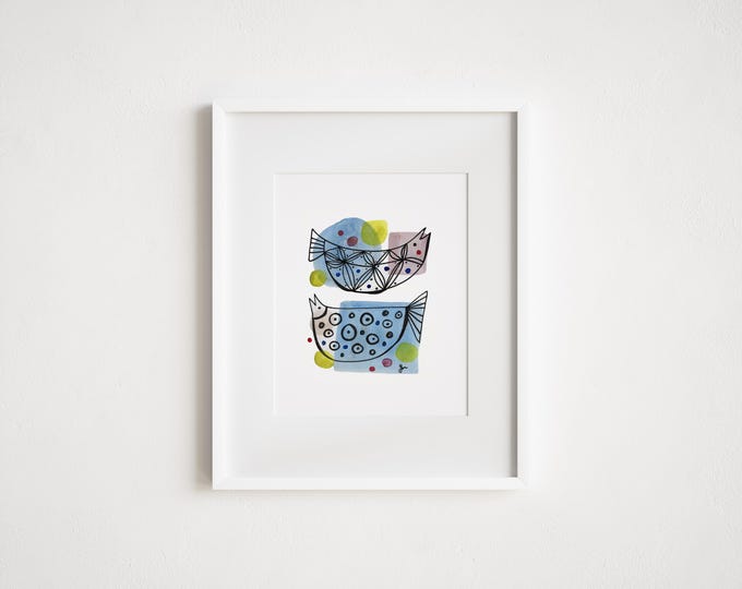 Mid-Century Inspired Folk Art Smiling Fish - Retro Minimal Zen Illustration - Print and Framed