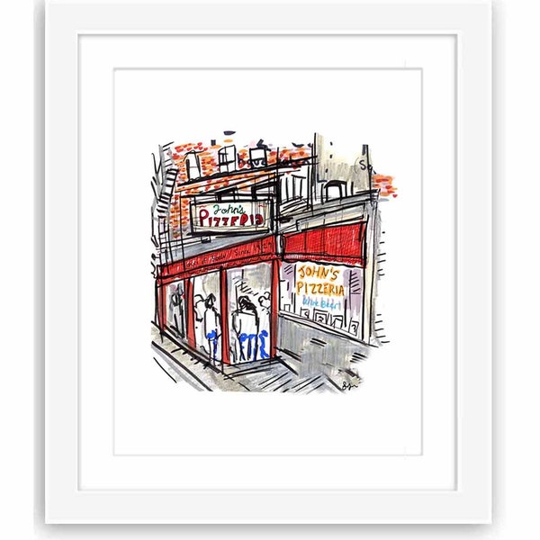 Print John's Pizzeria on Bleeker Street in Manhattan - Watercolor New York City Urban Sketch Classic Pizza