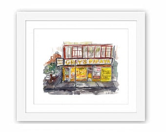 Print Gray's Papaya Upper West Side New York City Street Scene Watercolor