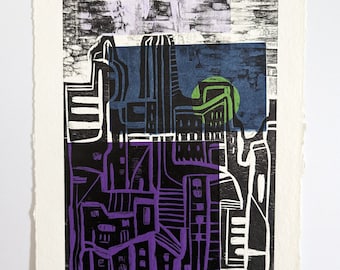 Original Woodblock Chine Colle Print: Abstract Cityscape Art
