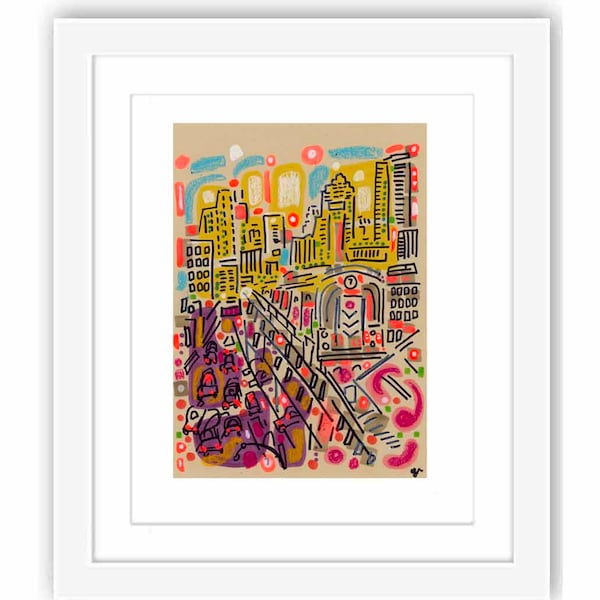 The 7 Train in Queens - Printed and Framed - New York City Watercolor Illustration Painting Urban Sketch Mixed Media