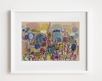 Flatiron District Looking North to Empire State Building - Print and Framed -  Manhattan Mixed Media Painting