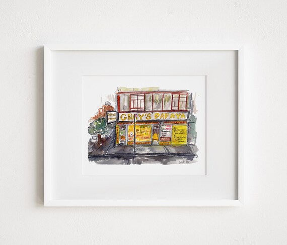 Gray's Papaya Upper - Print and Framed - West Side New York City Street Scene Watercolor