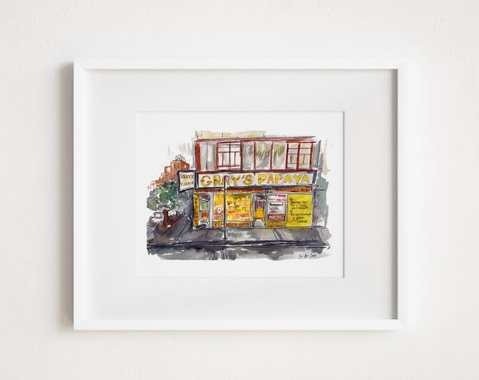 Gray's Papaya Upper - Print and Framed - West Side New York City Street Scene Watercolor