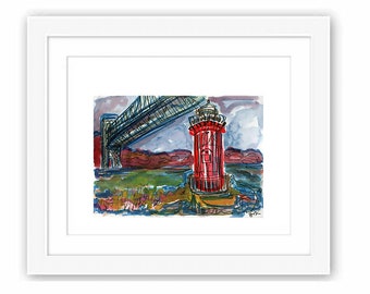 Print Little Red Lighthouse George Washington Bridge - Watercolor Ink and Gouache City Illustration New York City Washington Heights