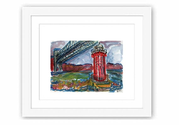 Print Little Red Lighthouse George Washington Bridge - Watercolor Ink and Gouache City Illustration New York City Washington Heights