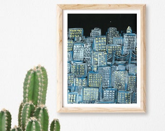 Print and Framed - Print the City at Night Gouache and Watercolor Print New York City Abstract City Landscape