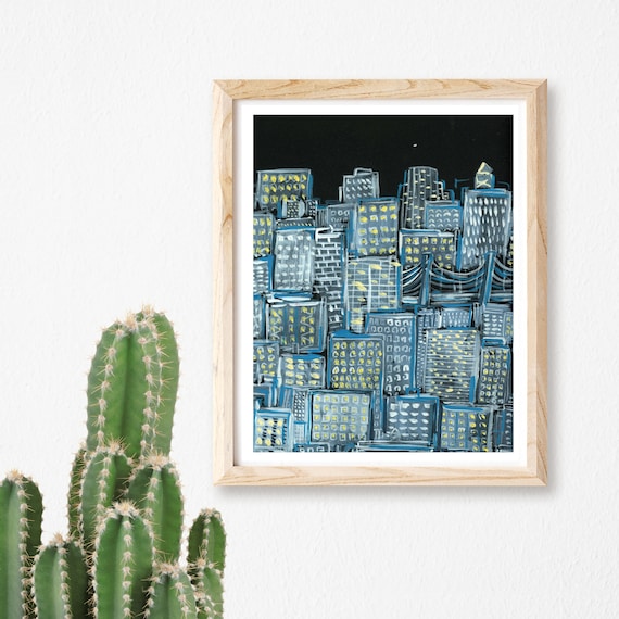 Print and Framed - Print the City at Night Gouache and Watercolor Print New York City Abstract City Landscape