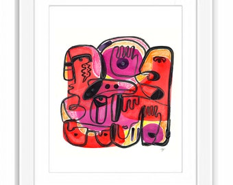 Abstract Faces and Color Line Art in Colorful Shapes- Print and Framed - Matisse Picasso Inspired Retro Midcentury Modernist Cubism