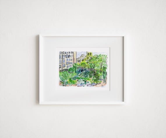 Print or Framed - People's Community Garden Morningside Heights St John Divine- Illustration Watercolor Street Scene New York City Brooklyn