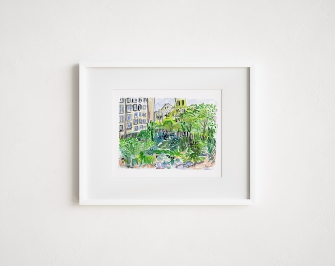 NYC Watercolor Print: Morningside Heights Community Garden Art