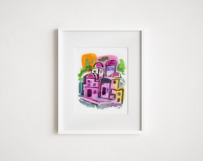 Greek Buildings Print: Watercolor Travel Sketch Illustration