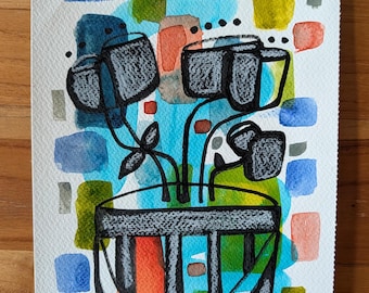 Original Art Vintage Flower Pot  - Retro Watercolor Painting