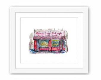 Print Addeo & Sons Bakery - The Bronx Watercolor Urban Illustration New York City Little Italy